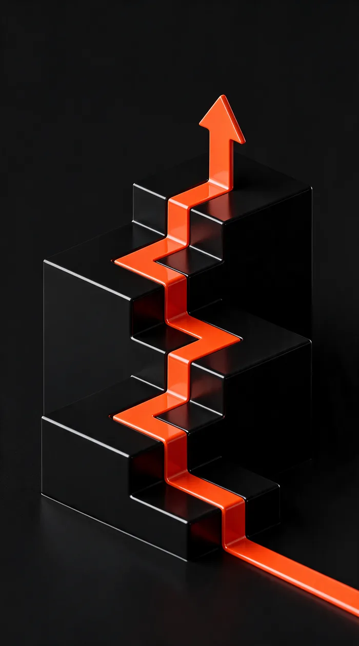 Ilustración 3D de una flecha naranja que asciende por bloques escalonados, símbolo de crecimiento en buscadores