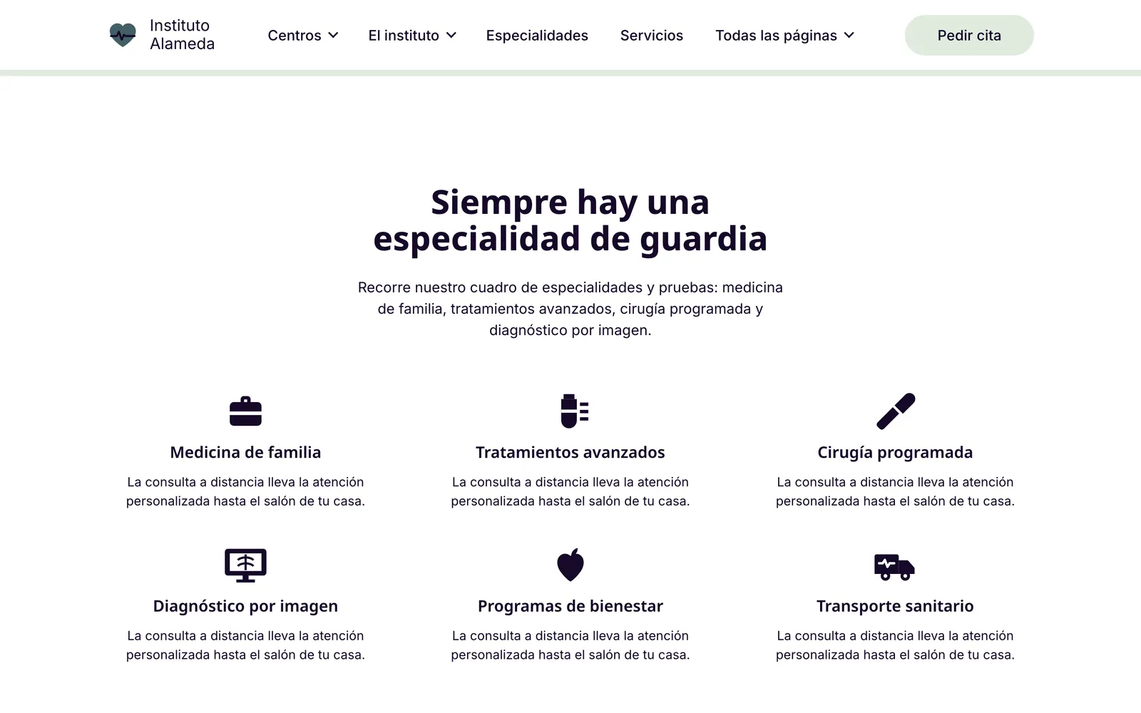 Pantalla 2 de la página de Alameda, instituto sanitario privado