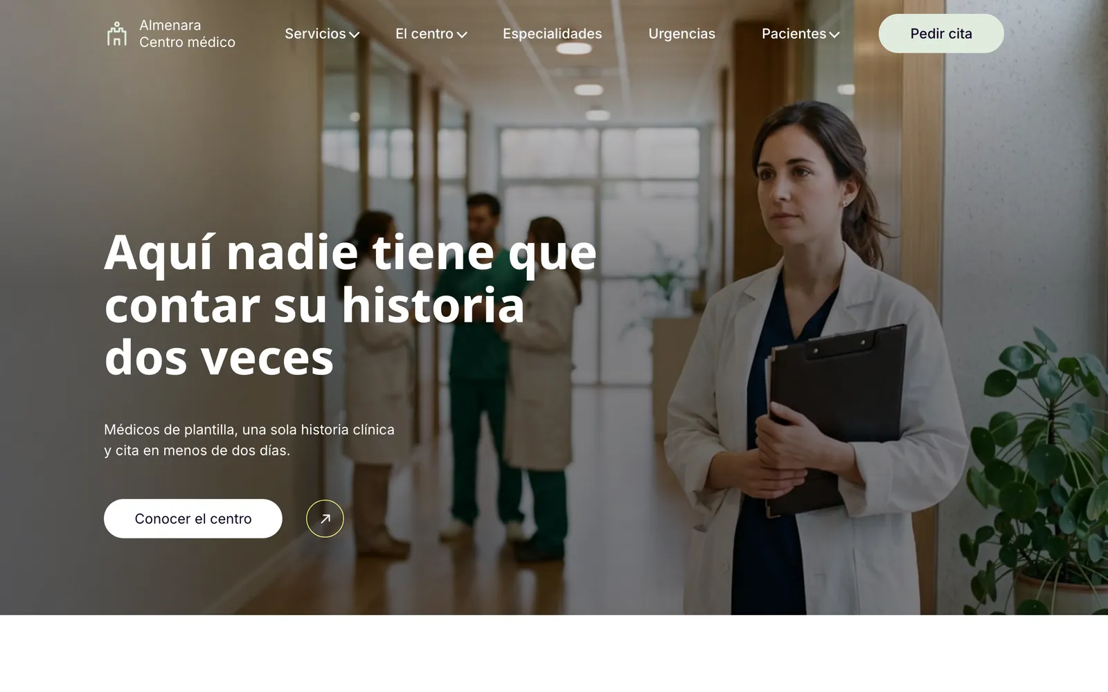 Pantalla de la página de Almenara: Centro médico de especialidades