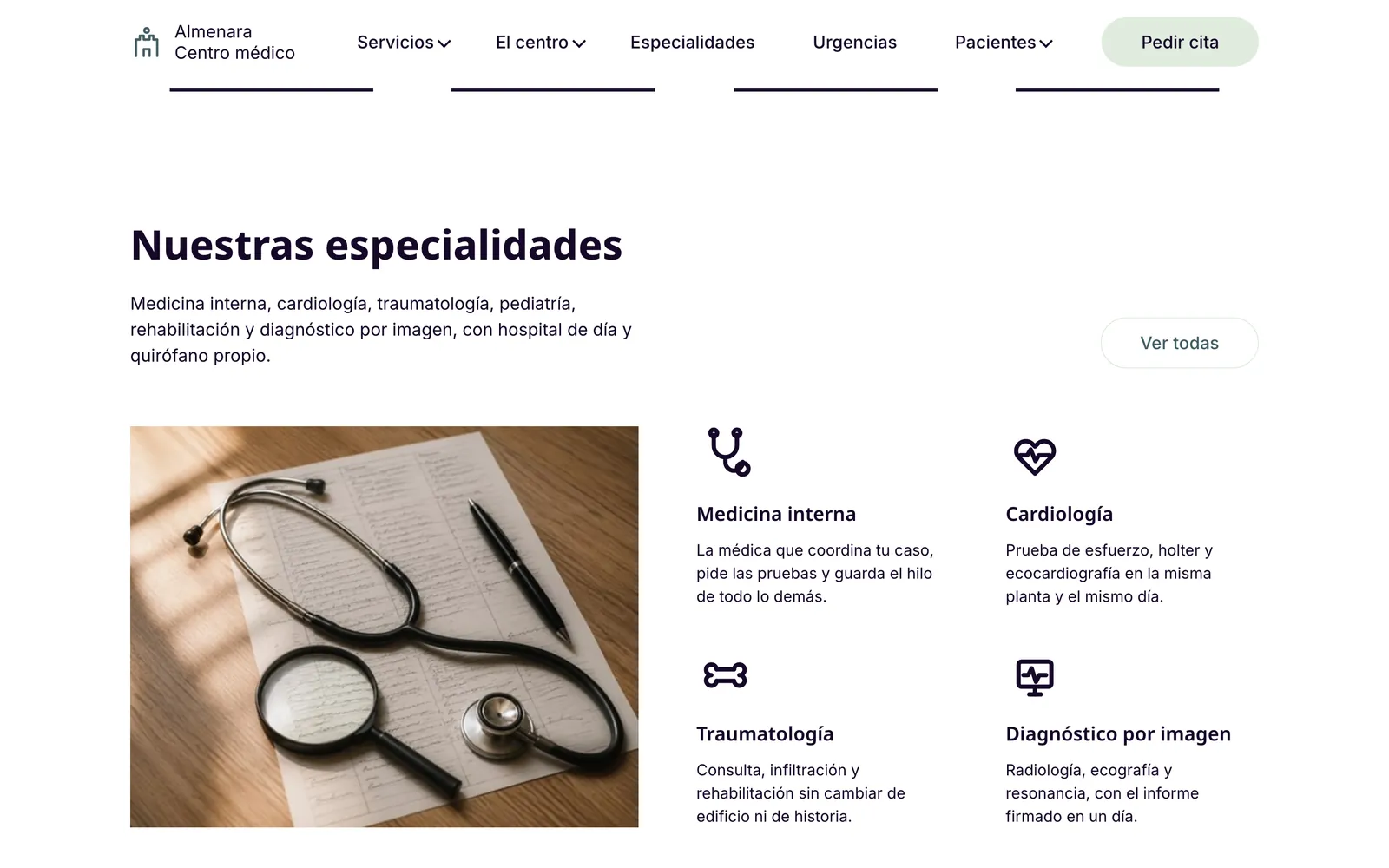 Pantalla 2 de la página de Almenara, centro médico privado con urgencias