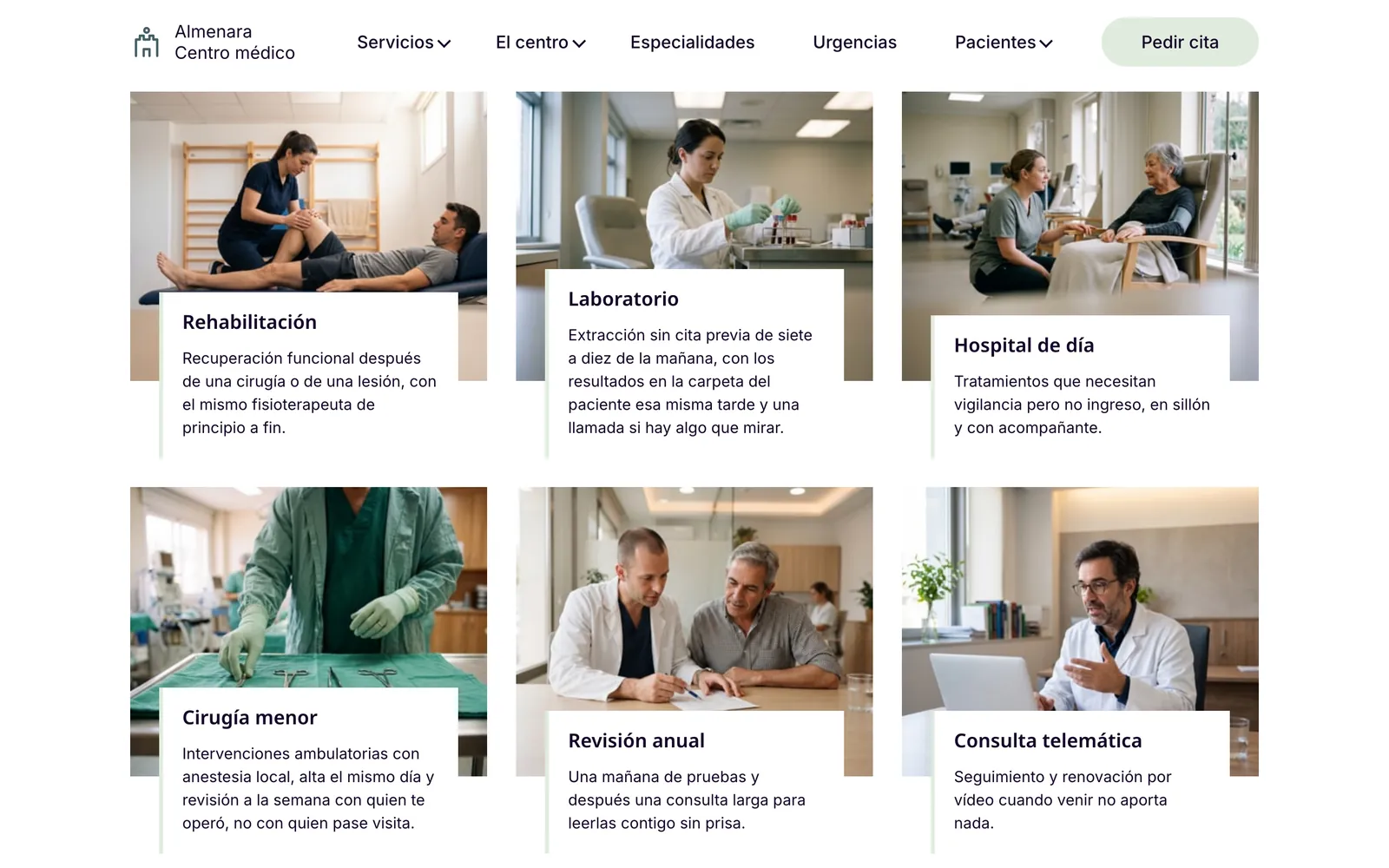 Pantalla 3 de la página de Almenara, centro médico privado con urgencias