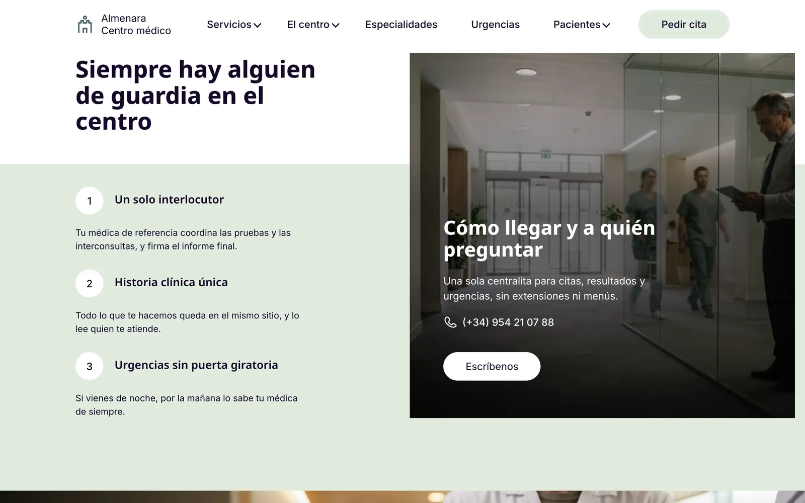Pantalla 4 de la página de Almenara, centro médico privado con urgencias