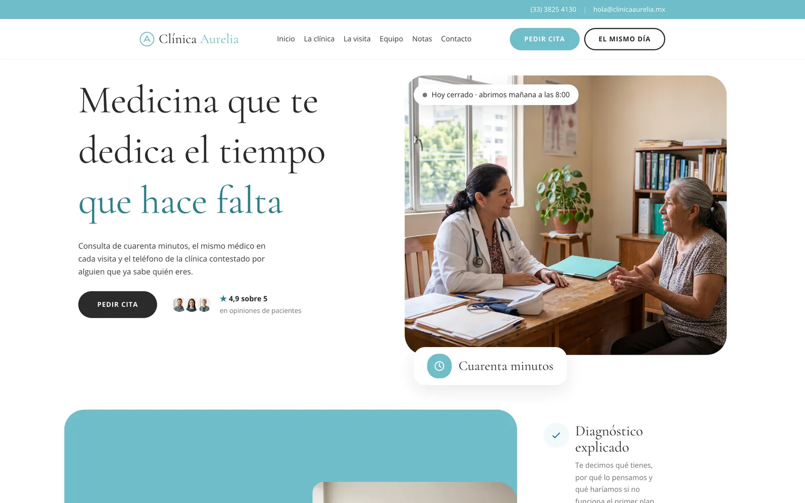 Pantalla de la página de Clínica Aurelia: Medicina de barrio, con tiempo