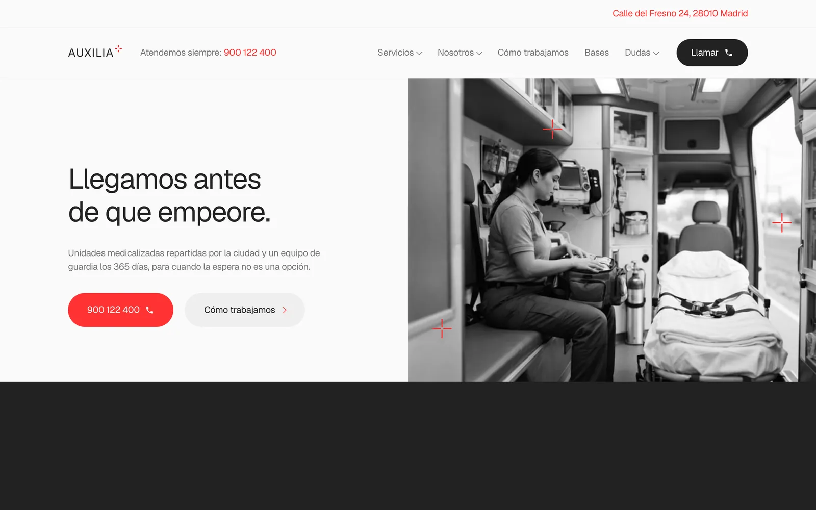 Pantalla de la página de Auxilia: Urgencias médicas a domicilio