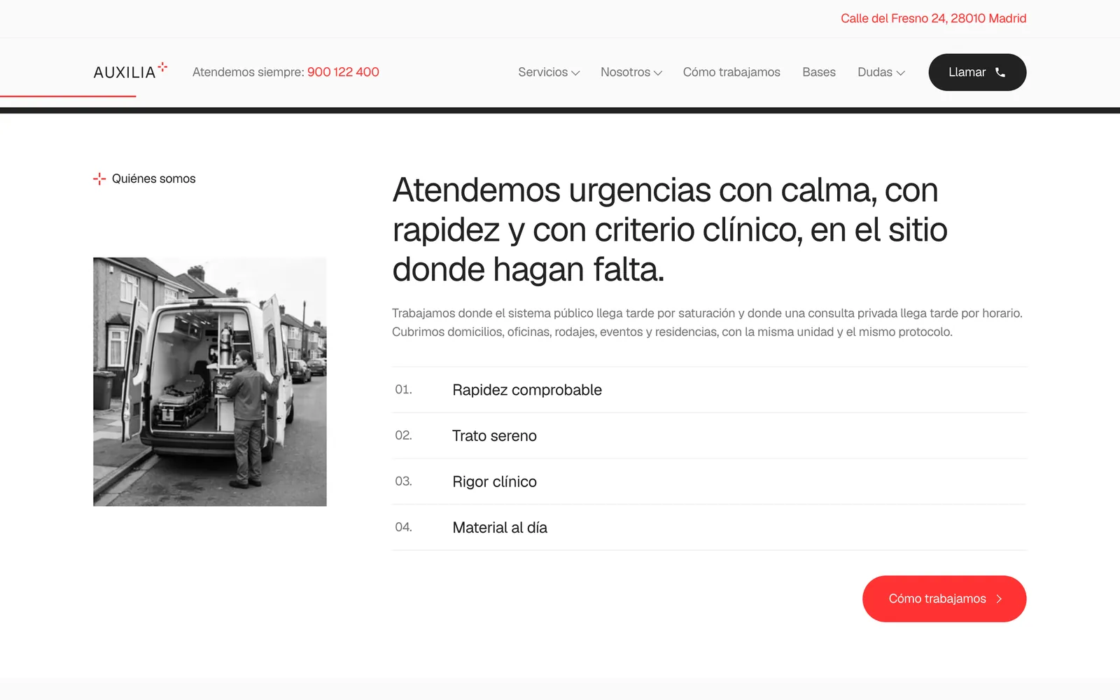 Pantalla 2 de la página de Auxilia, servicio privado de urgencias y transporte sanitario