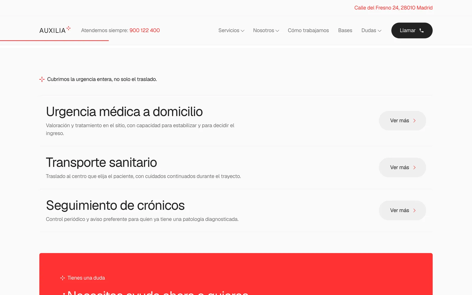 Pantalla 3 de la página de Auxilia, servicio privado de urgencias y transporte sanitario