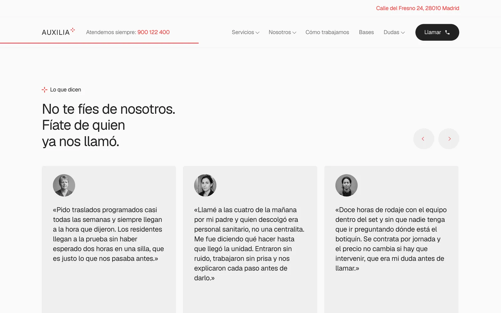 Pantalla 4 de la página de Auxilia, servicio privado de urgencias y transporte sanitario