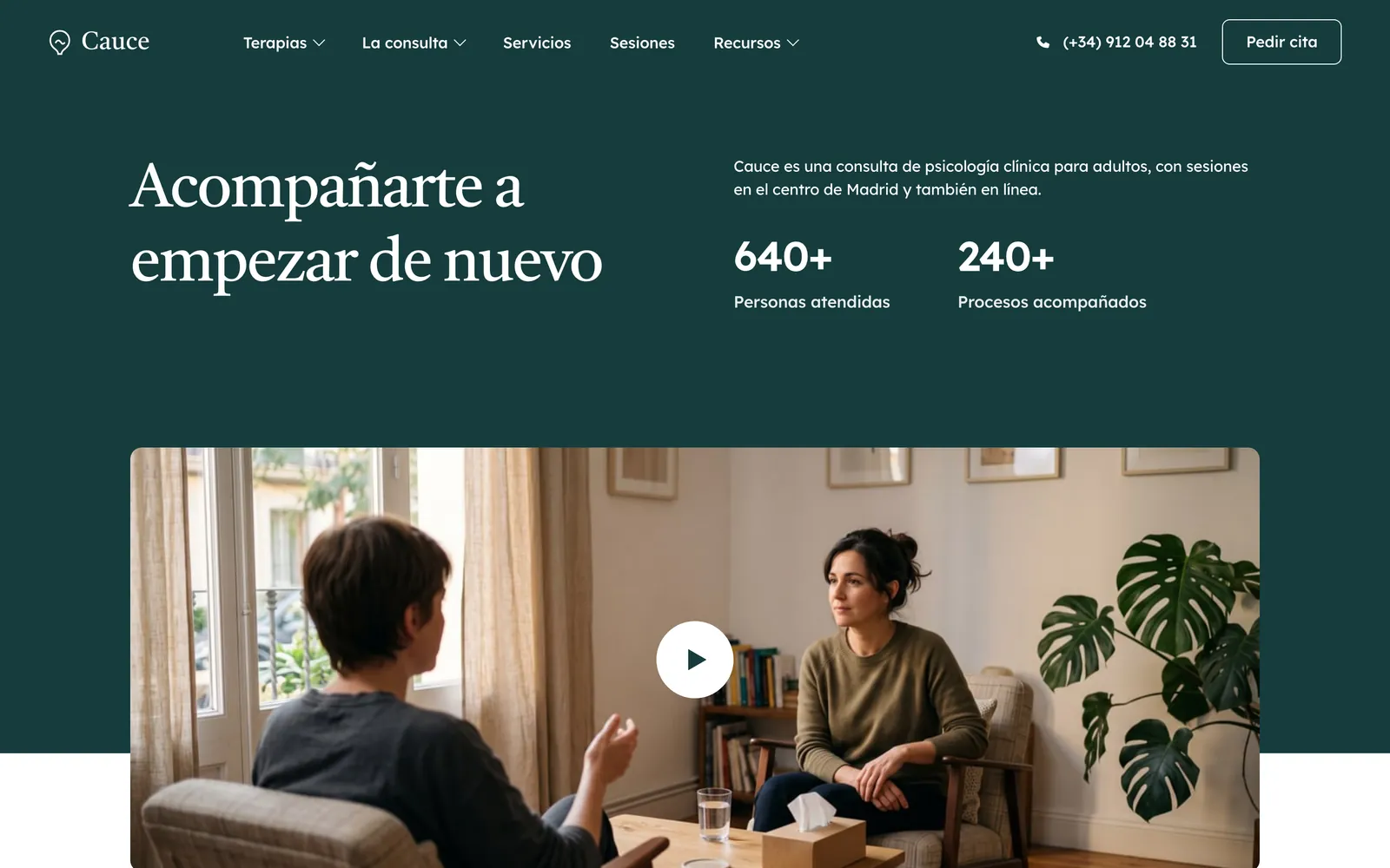 Pantalla de la página de Cauce Psicología: Terapia que acompaña