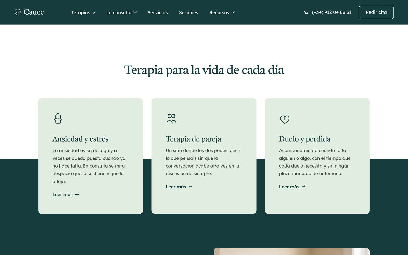 Pantalla 3 de la página de Cauce Psicología, consulta privada de psicoterapia