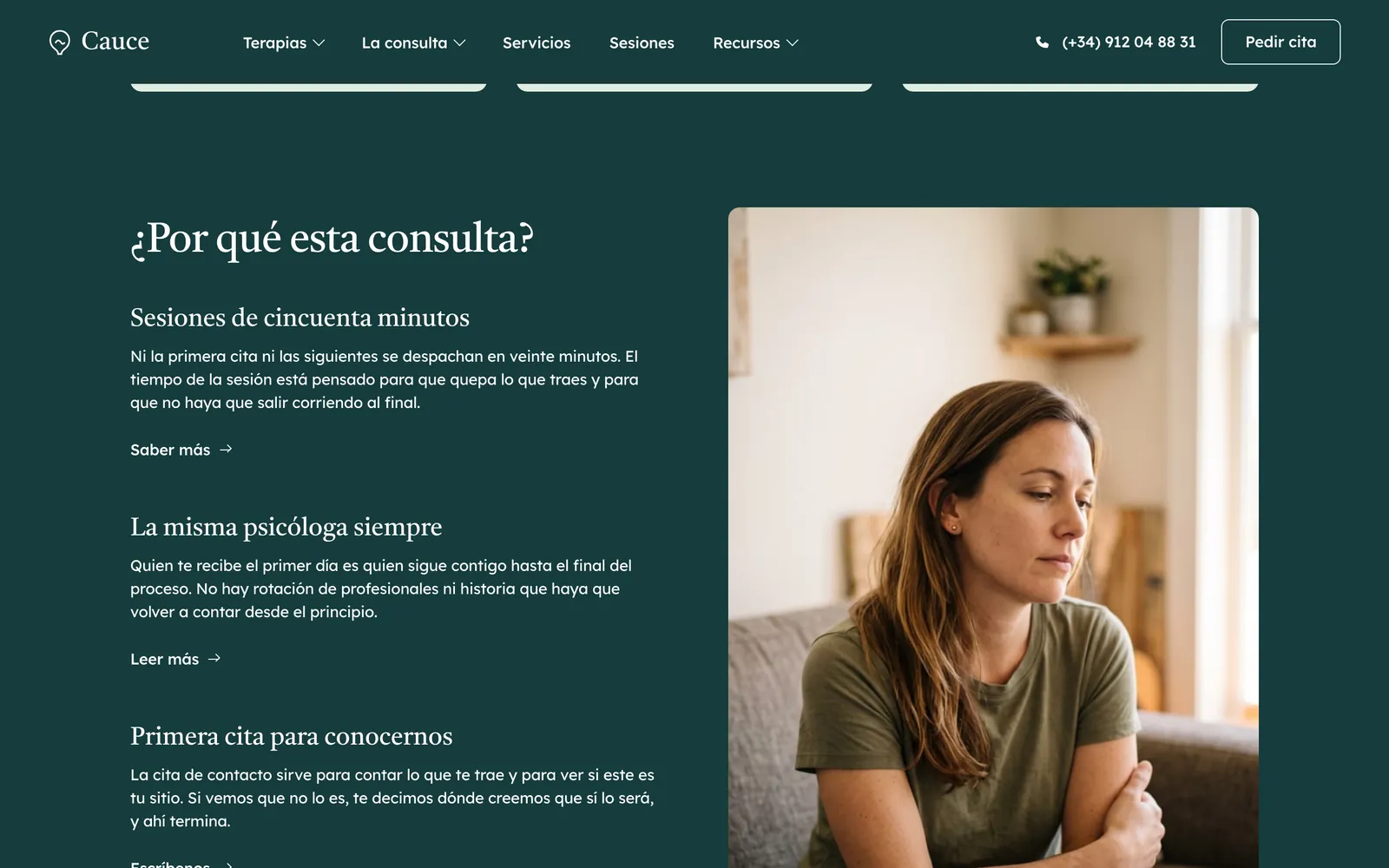 Pantalla 4 de la página de Cauce Psicología, consulta privada de psicoterapia