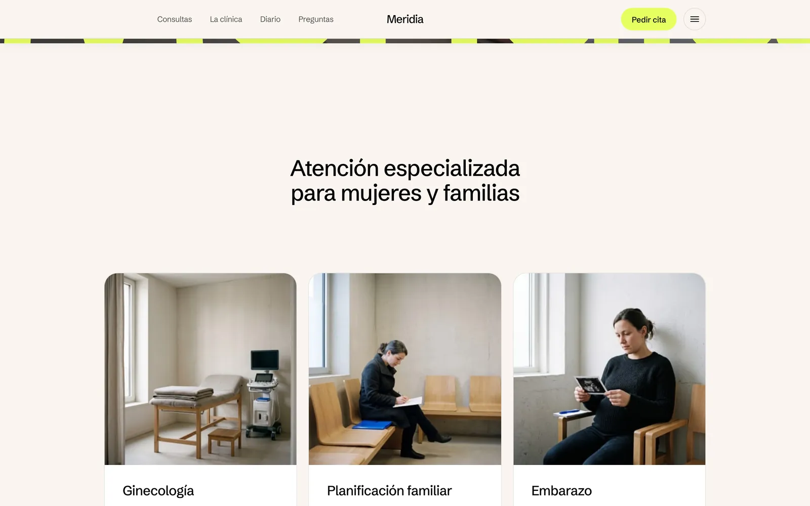 Pantalla 2 de la página de Meridia, clínica de salud femenina