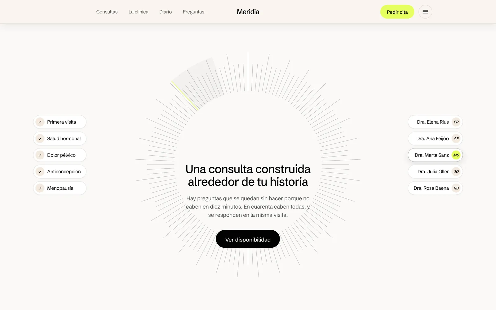 Pantalla 3 de la página de Meridia, clínica de salud femenina