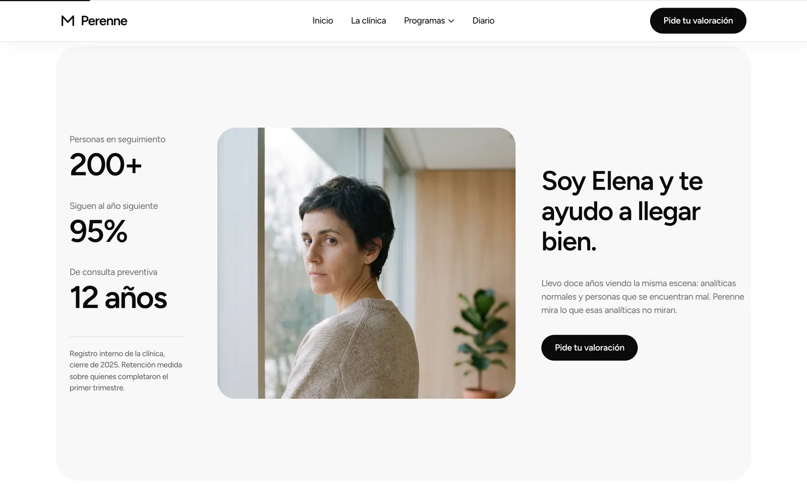 Pantalla 2 de la página de Perenne, clínica de longevidad y medicina preventiva