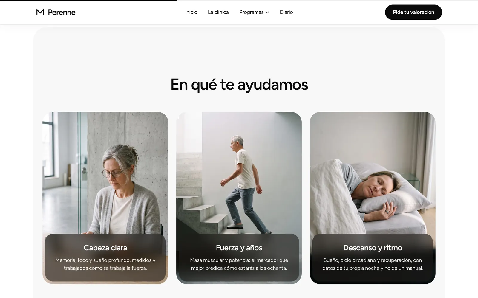 Pantalla 4 de la página de Perenne, clínica de longevidad y medicina preventiva