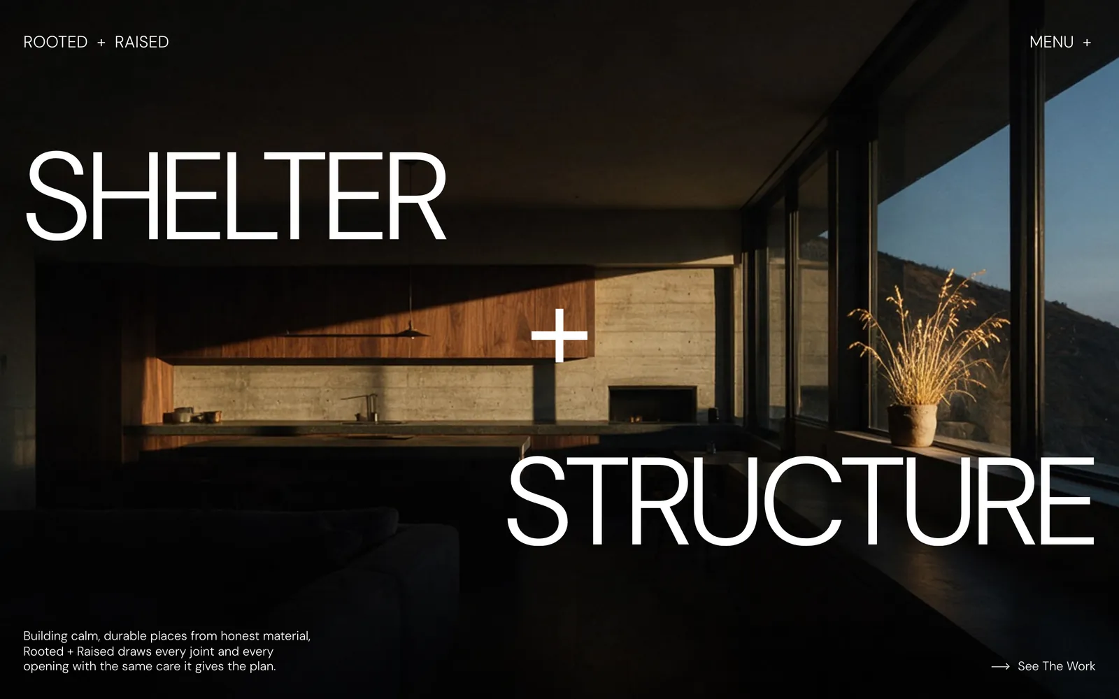 Pantalla de la página de Rooted + Raised: Arquitectura e interiorismo, en inglés