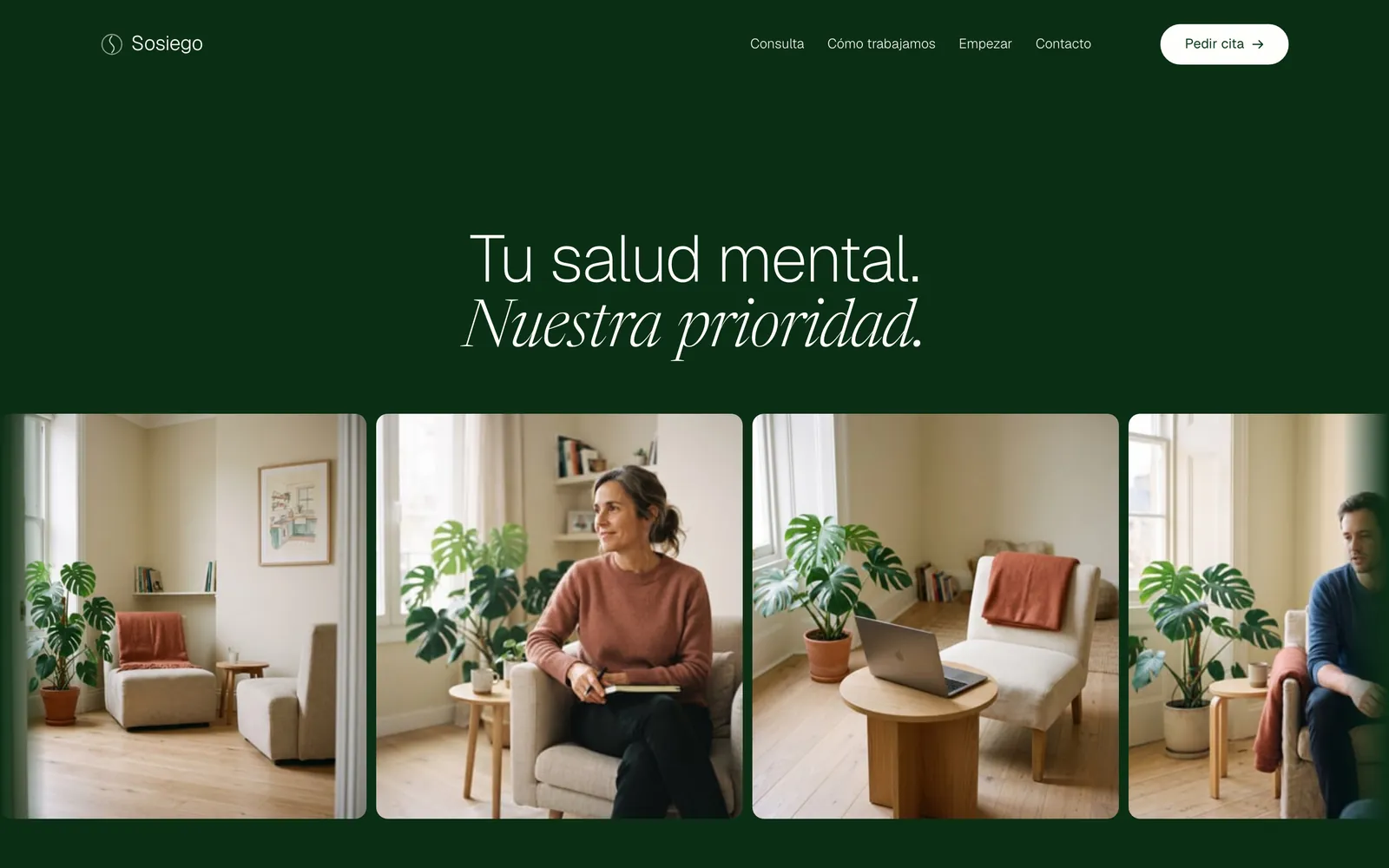 Pantalla de la página de Sosiego: Tu salud mental, en buenas manos