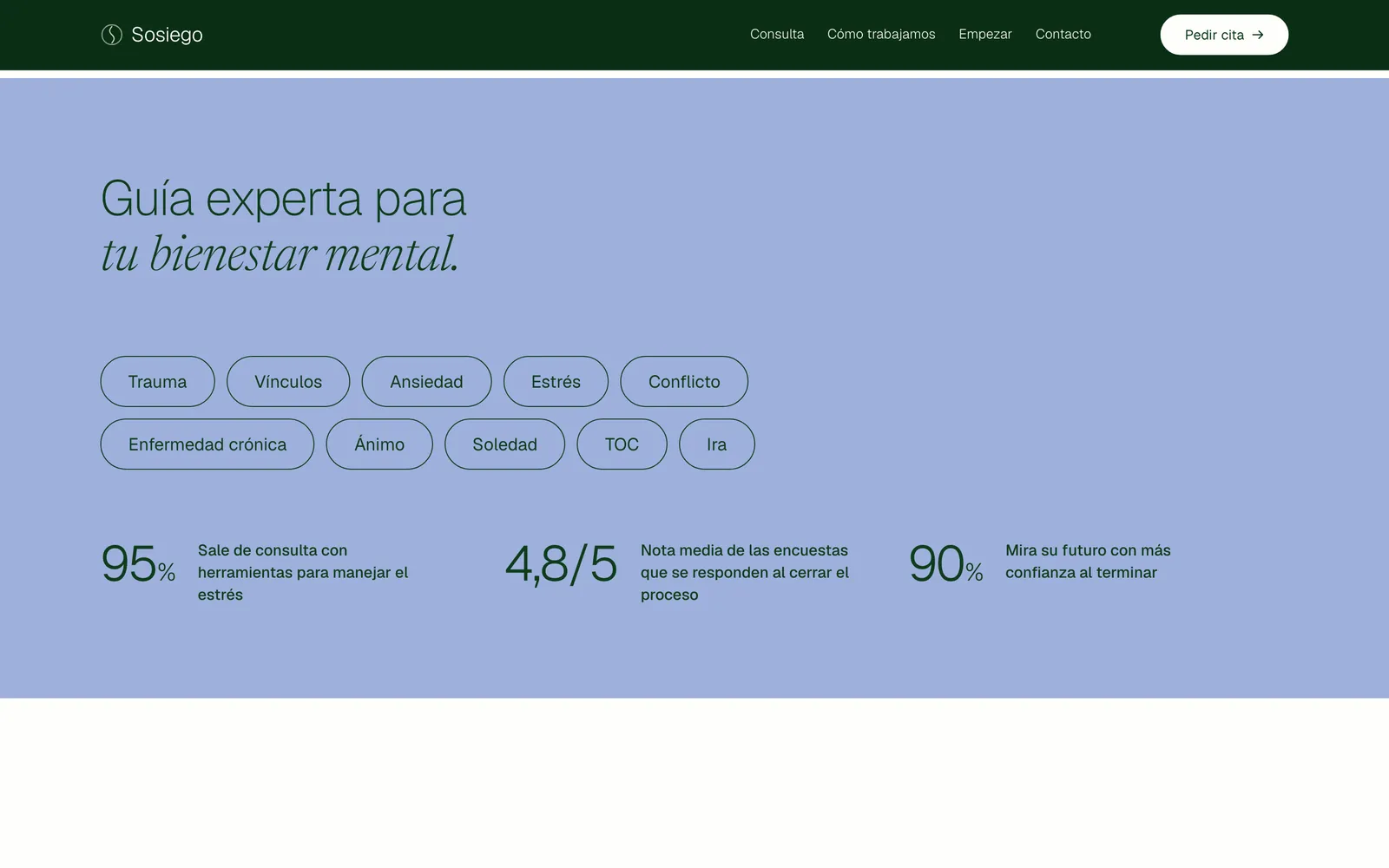 Pantalla 3 de la página de Sosiego, consulta de psicología y acompañamiento