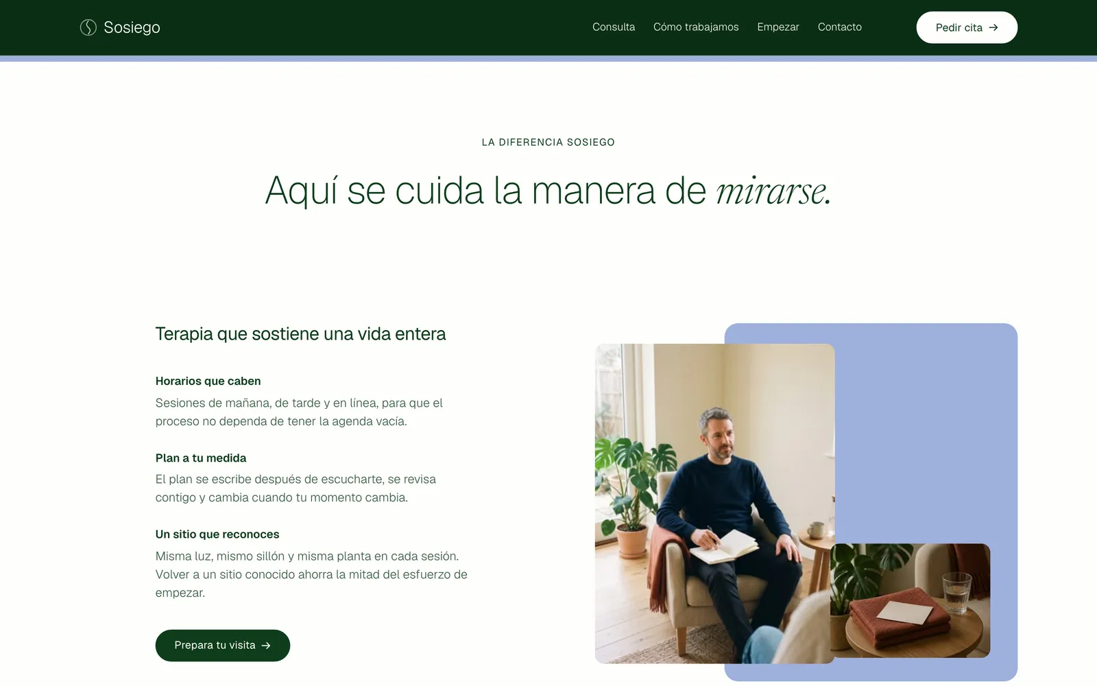 Pantalla 4 de la página de Sosiego, consulta de psicología y acompañamiento