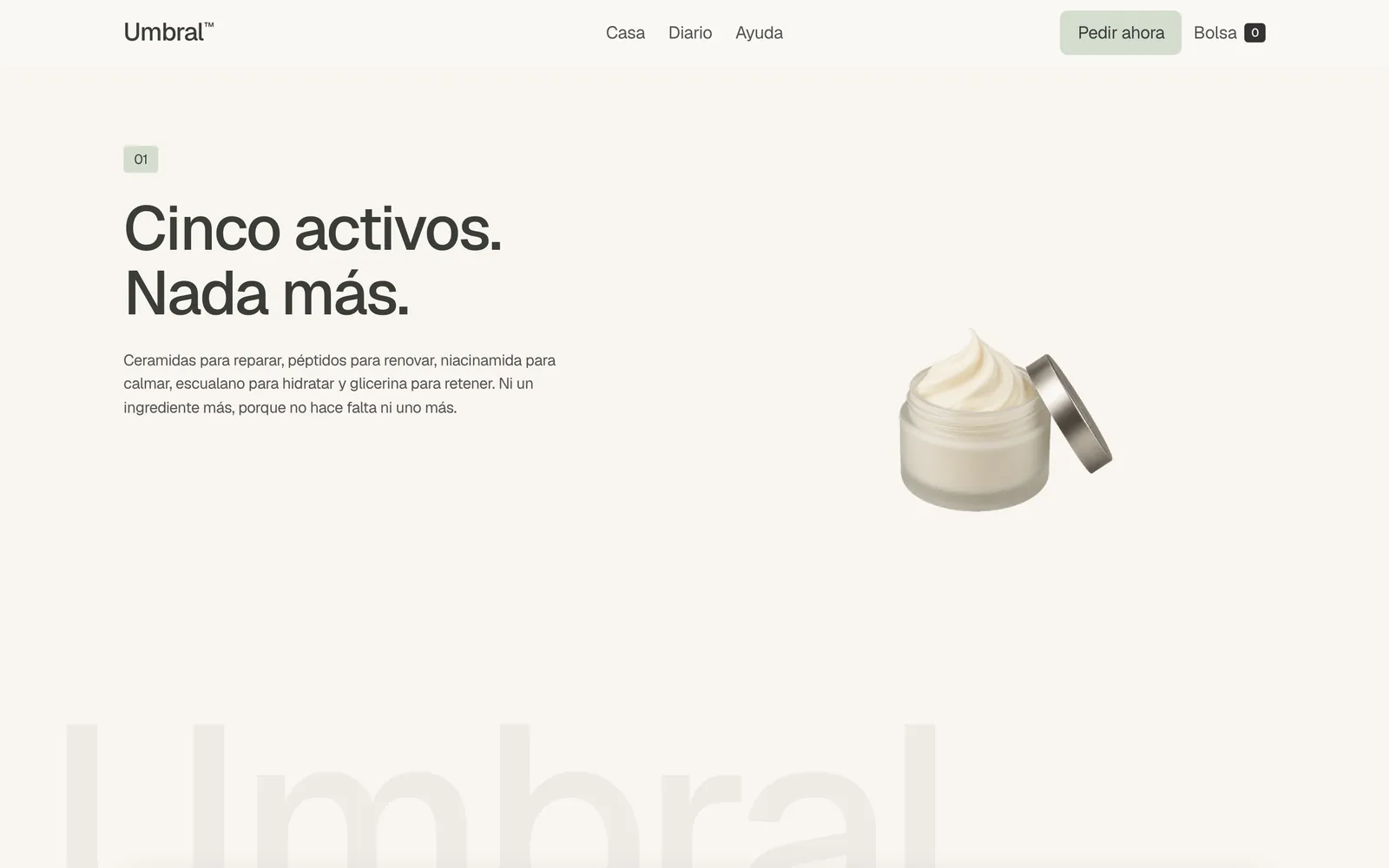 Pantalla 2 de la página de Umbral, cosmética de un solo producto