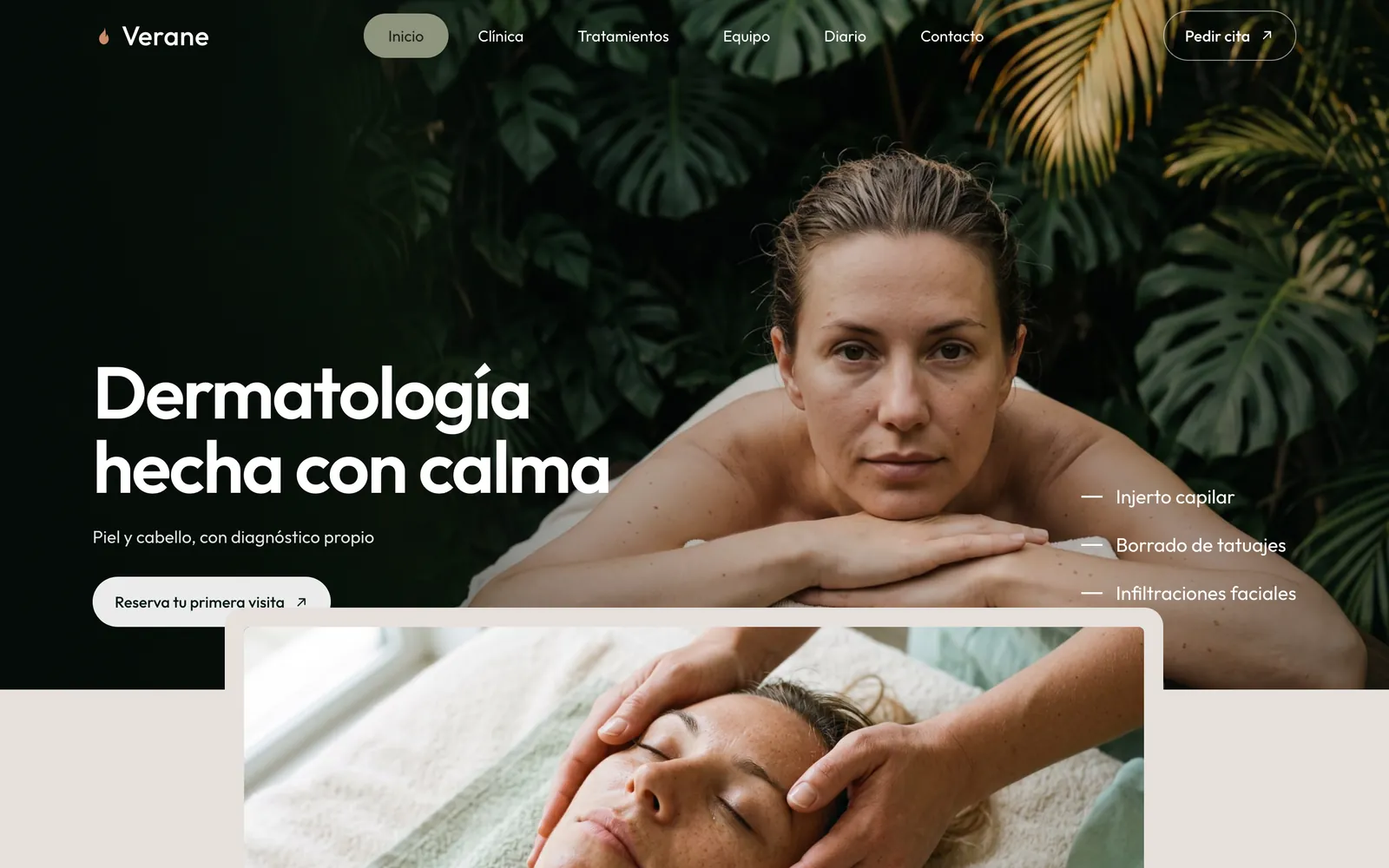 Pantalla de la página de Verane: Dermatología con criterio clínico
