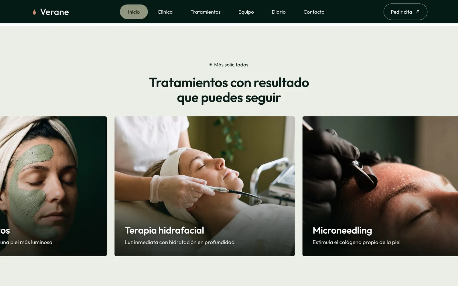 Pantalla 4 de la página de Verane, clínica de dermatología y medicina capilar