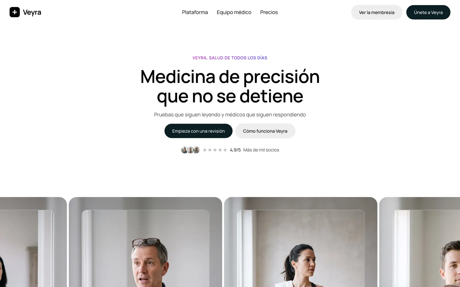 Pantalla de la página de Veyra: Salud digital y monitorización continua, en inglés