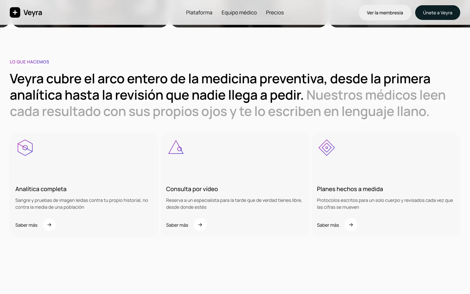 Pantalla 2 de la página de Veyra, producto de salud digital
