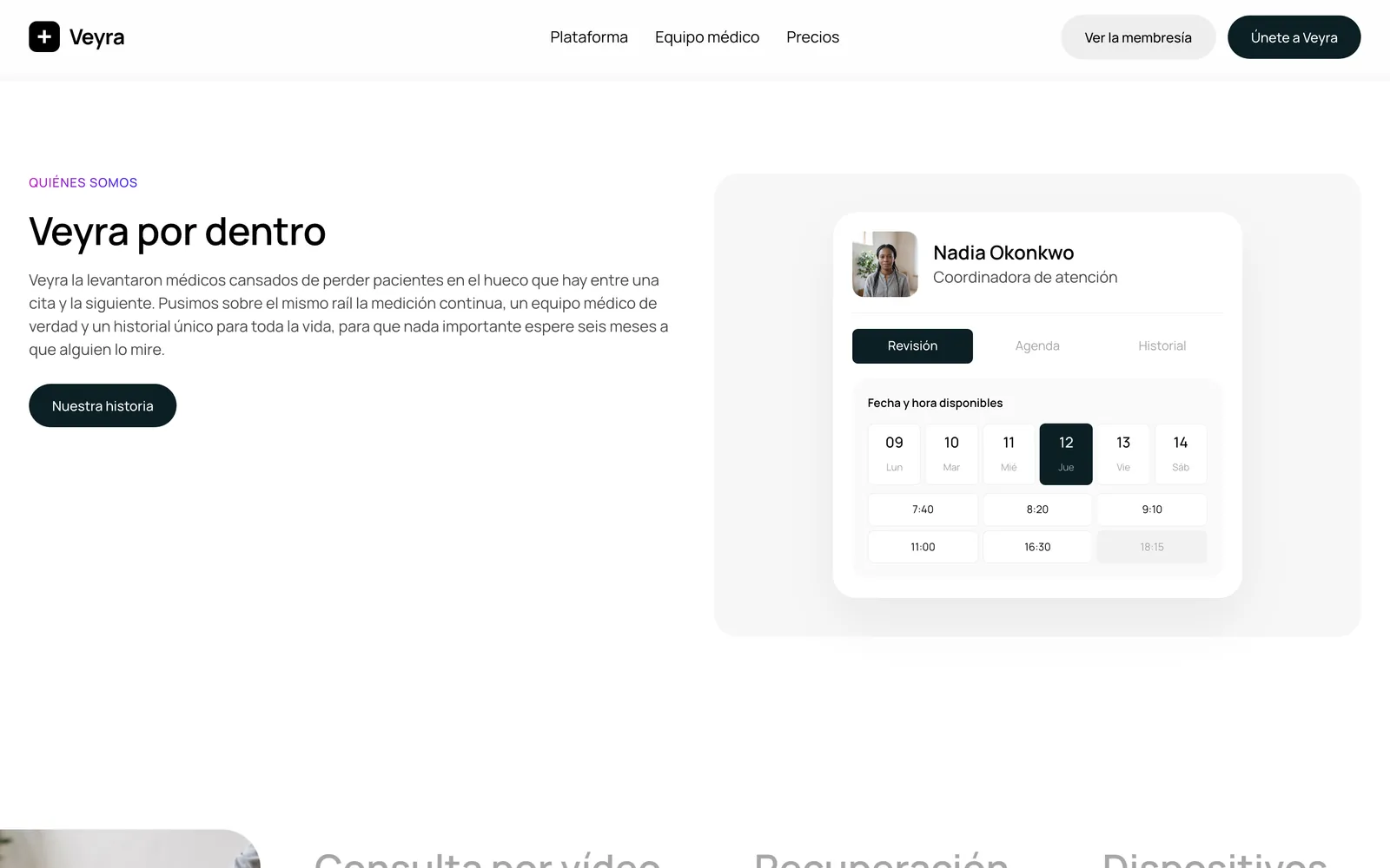 Pantalla 3 de la página de Veyra, producto de salud digital