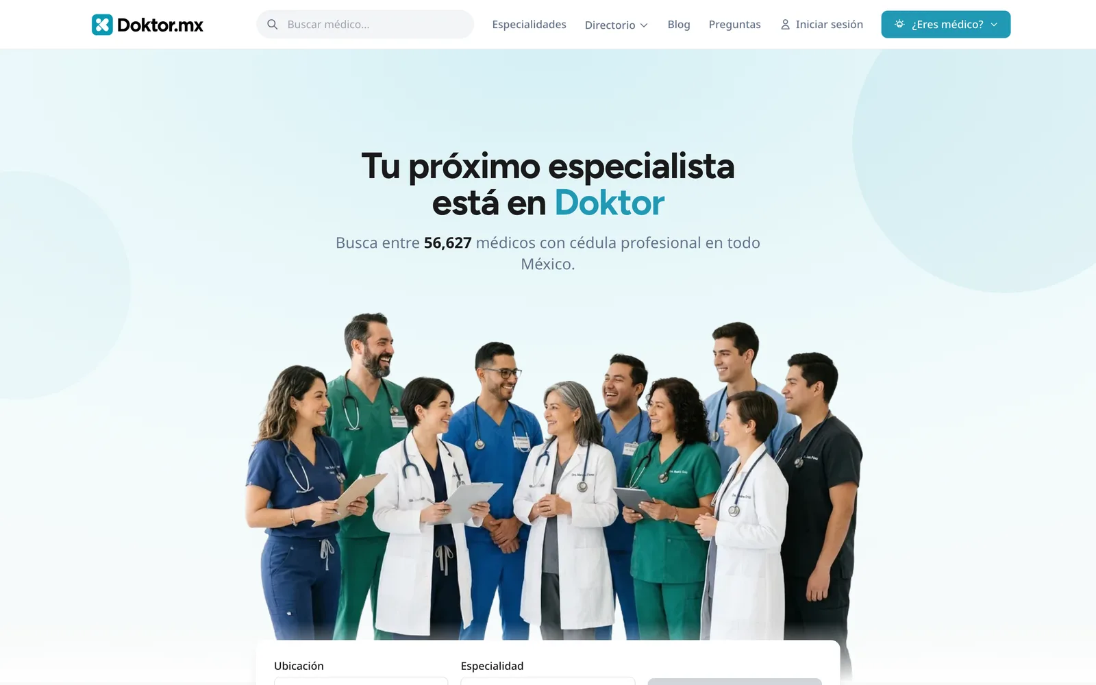 Pantalla del directorio médico Doktor.mx