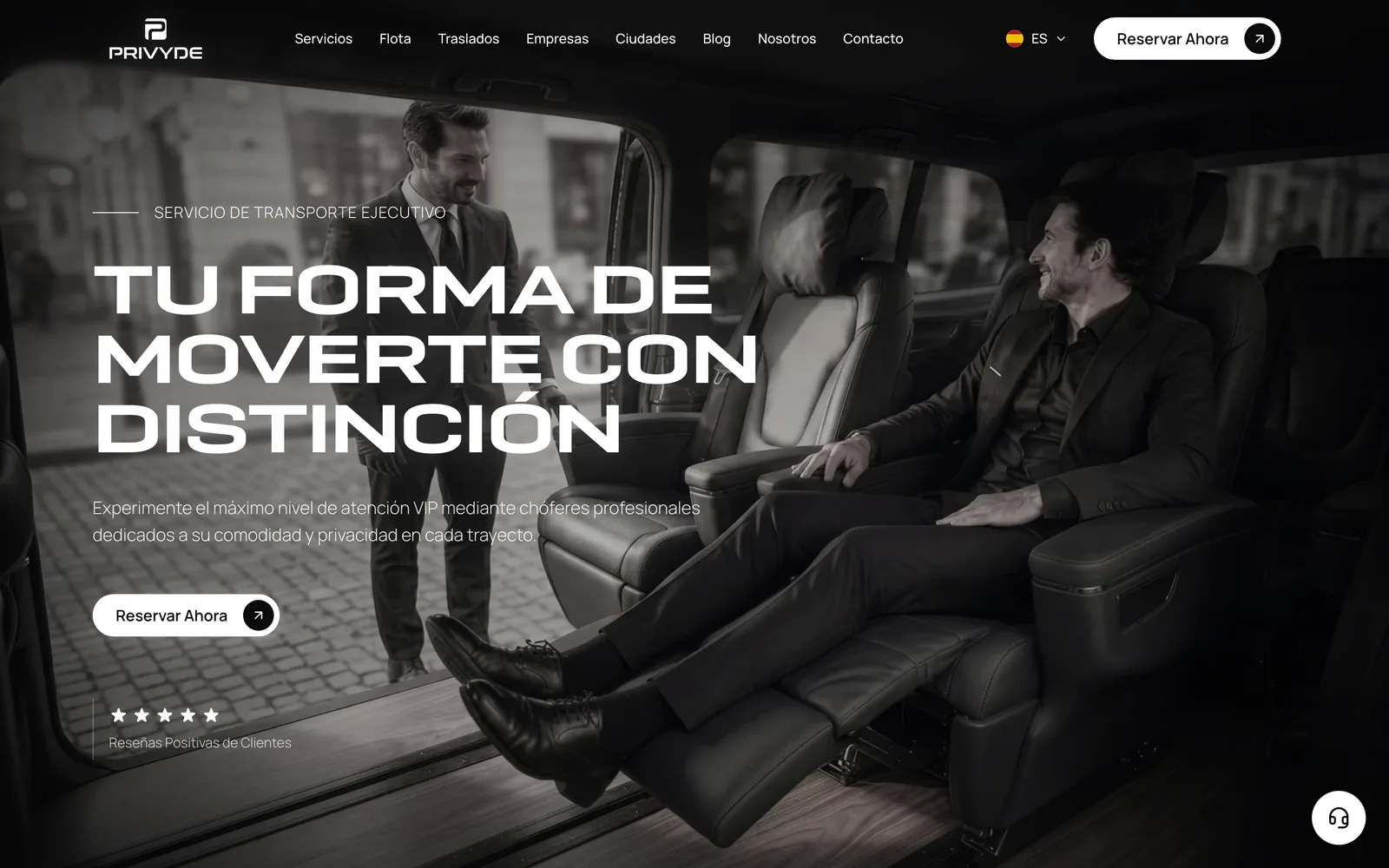 Pantalla de la web de transporte ejecutivo Privyde